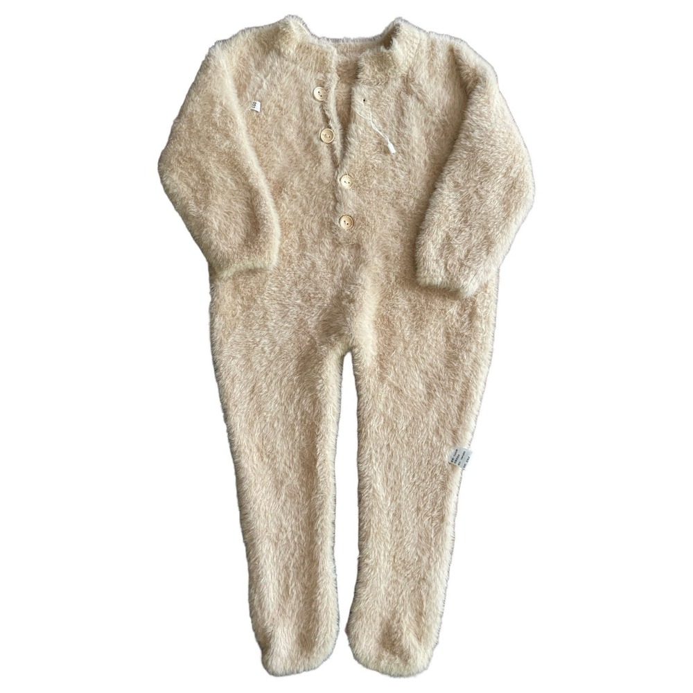 Toddler Oatmeal Beige Fuzzy Raccoon Style Faux Fur One Piece Sweater Jumpsuit 3T